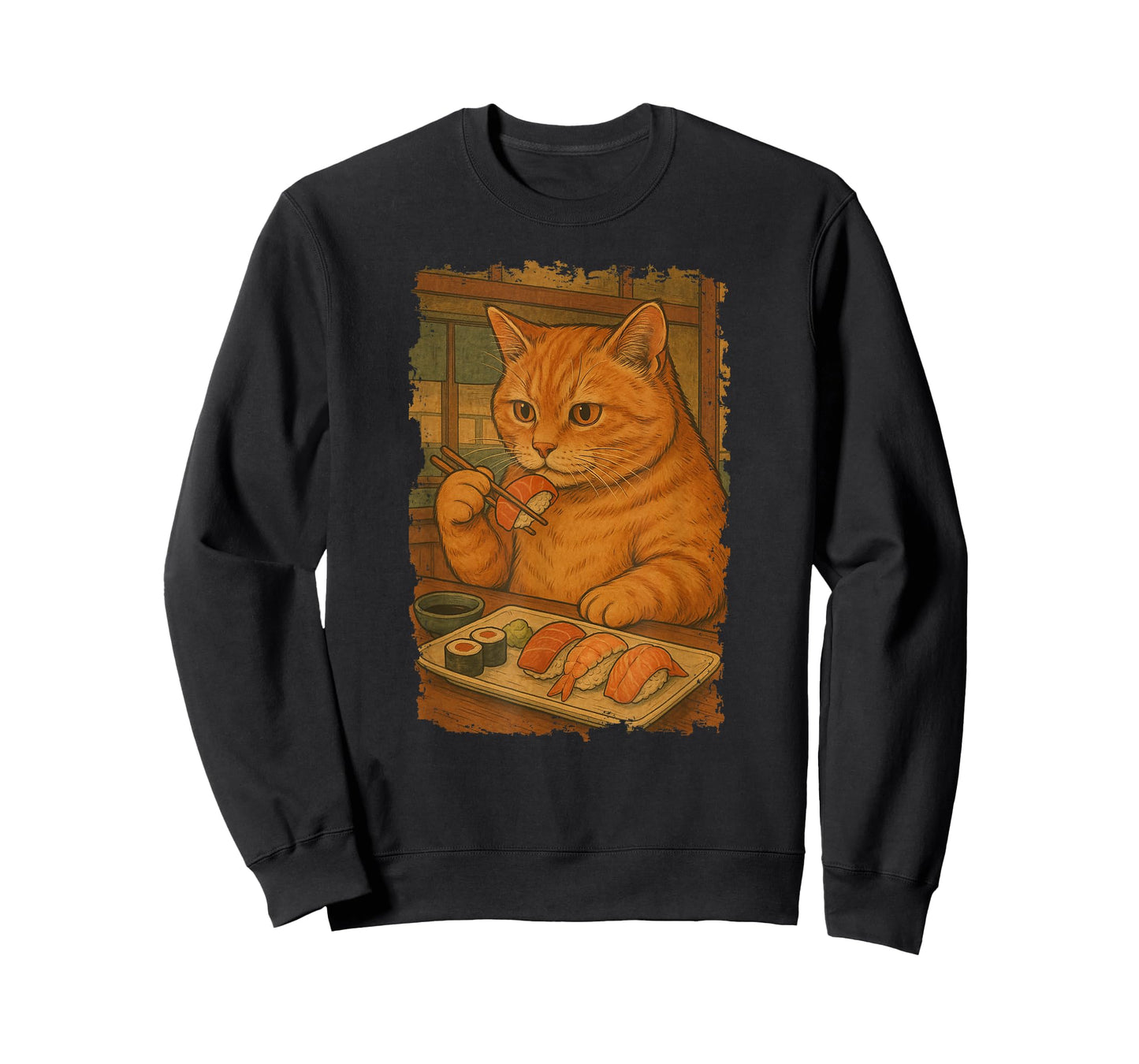Orange Tabby Cat Eats Sushi Japanese Vintage T-Shirt