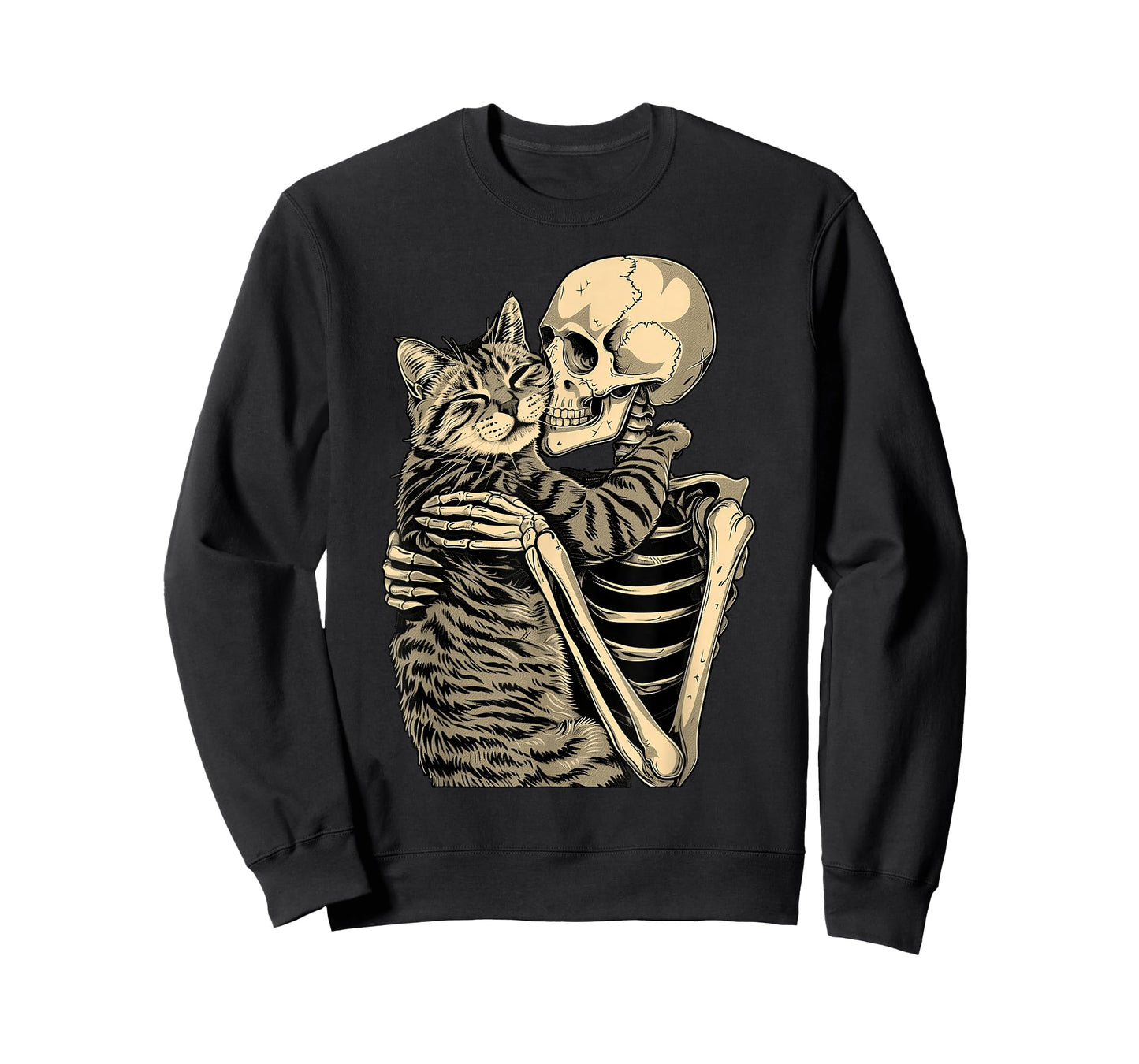 Skeleton Hugging Cat Halloween T-Shirt for Cat Lovers
