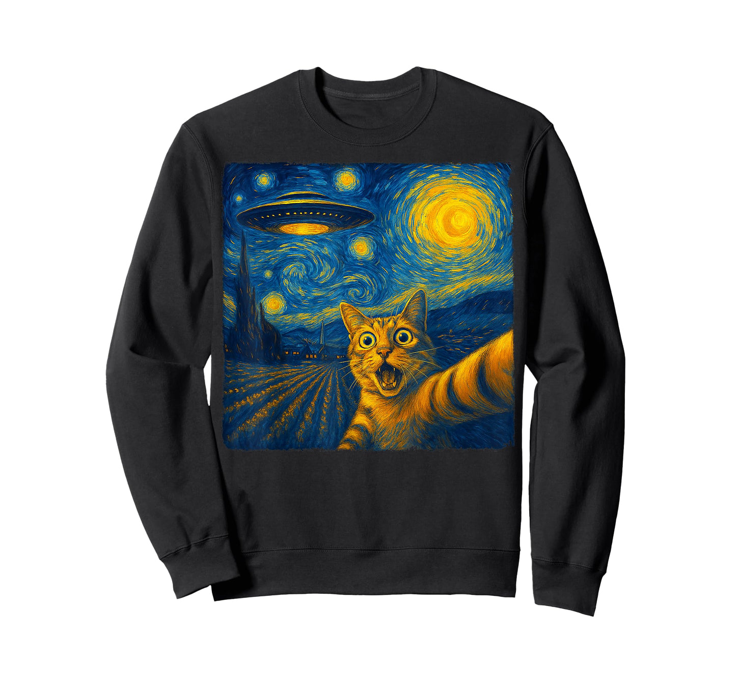 Cat Selfie with UFO Cats Starry Night Van Gogh Men Women Kid T-Shirt