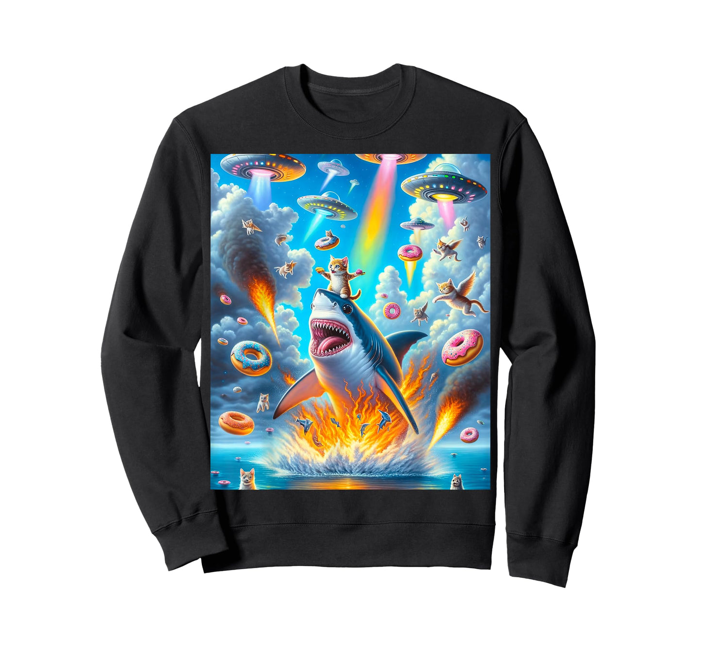 Cat Kitty Riding Fire Breathing Shark Rainbow Laser Taco T-Shirt