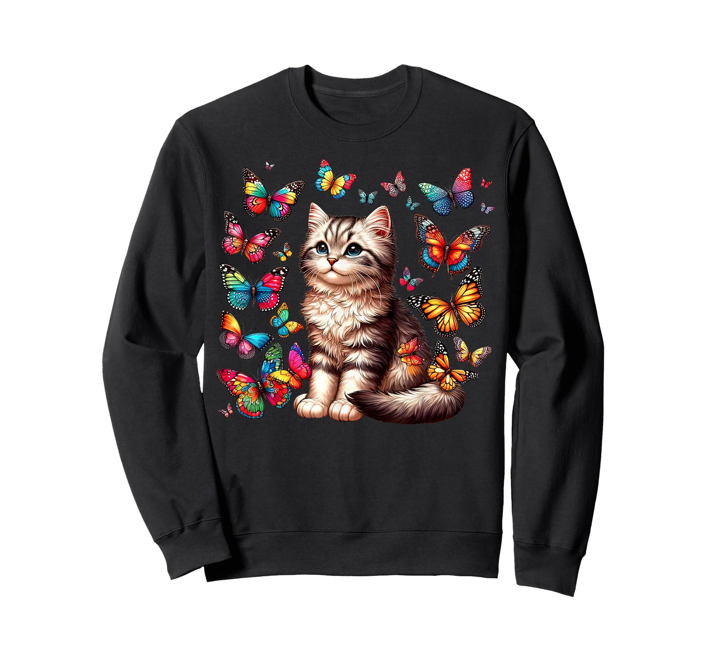 Cute Cat With Colorful Butterfly Art Pet Lover Kitten T-Shirt for Men Women Girls Kids