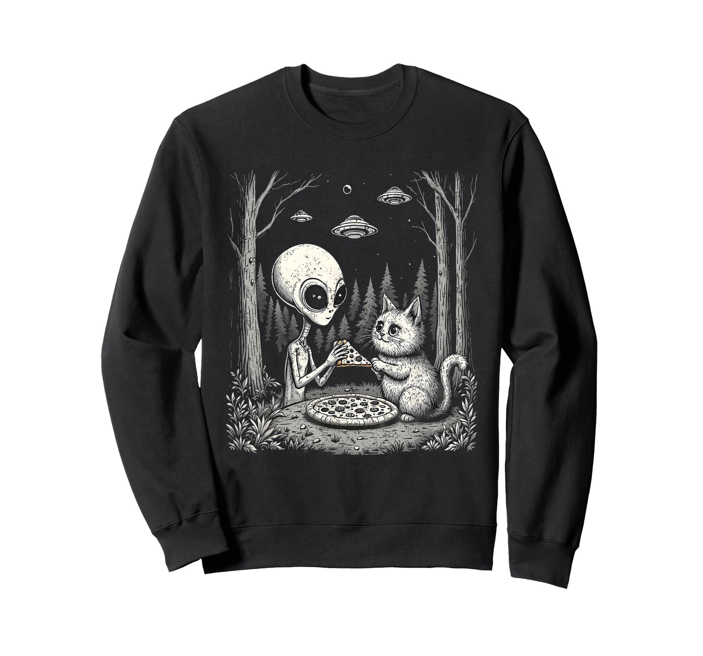 Alien And Cat Eating Pizza Funny Snack Food Men Women Kids T-Shirt