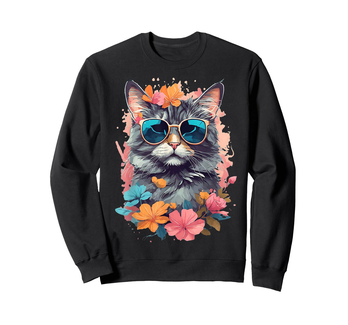 Sunglasses Tabby Cat Shirt for Girls Floral Flowers Graphic T-Shirt