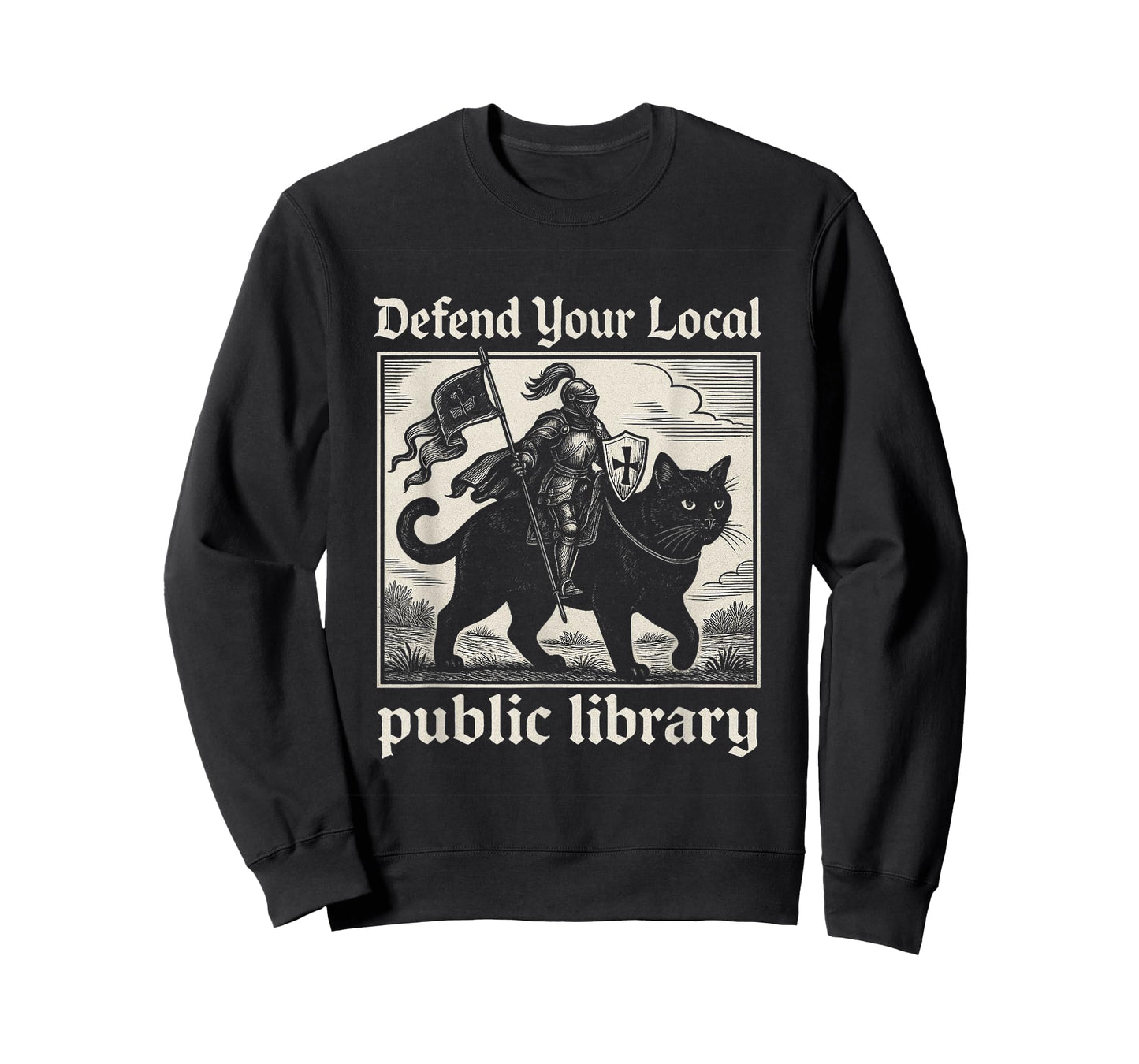 Defend Your Local Public Library Cat Knight Funny Fantasy T-Shirt