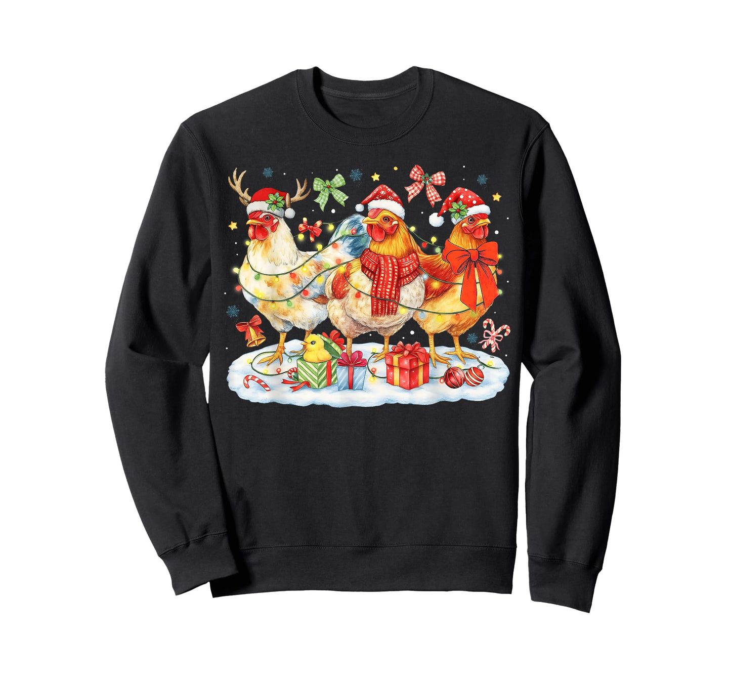 Chicken Christmas Lights Santa Hats Reindeer Funny Holiday T-Shirt