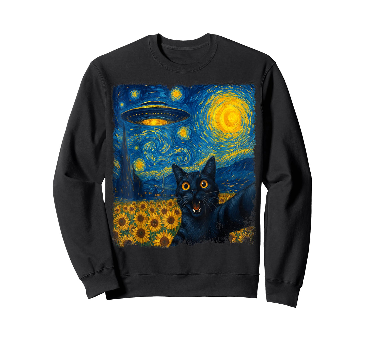 Cat Selfie with UFO Starry Night Van Gogh Cat Men Women Kids T-Shirt