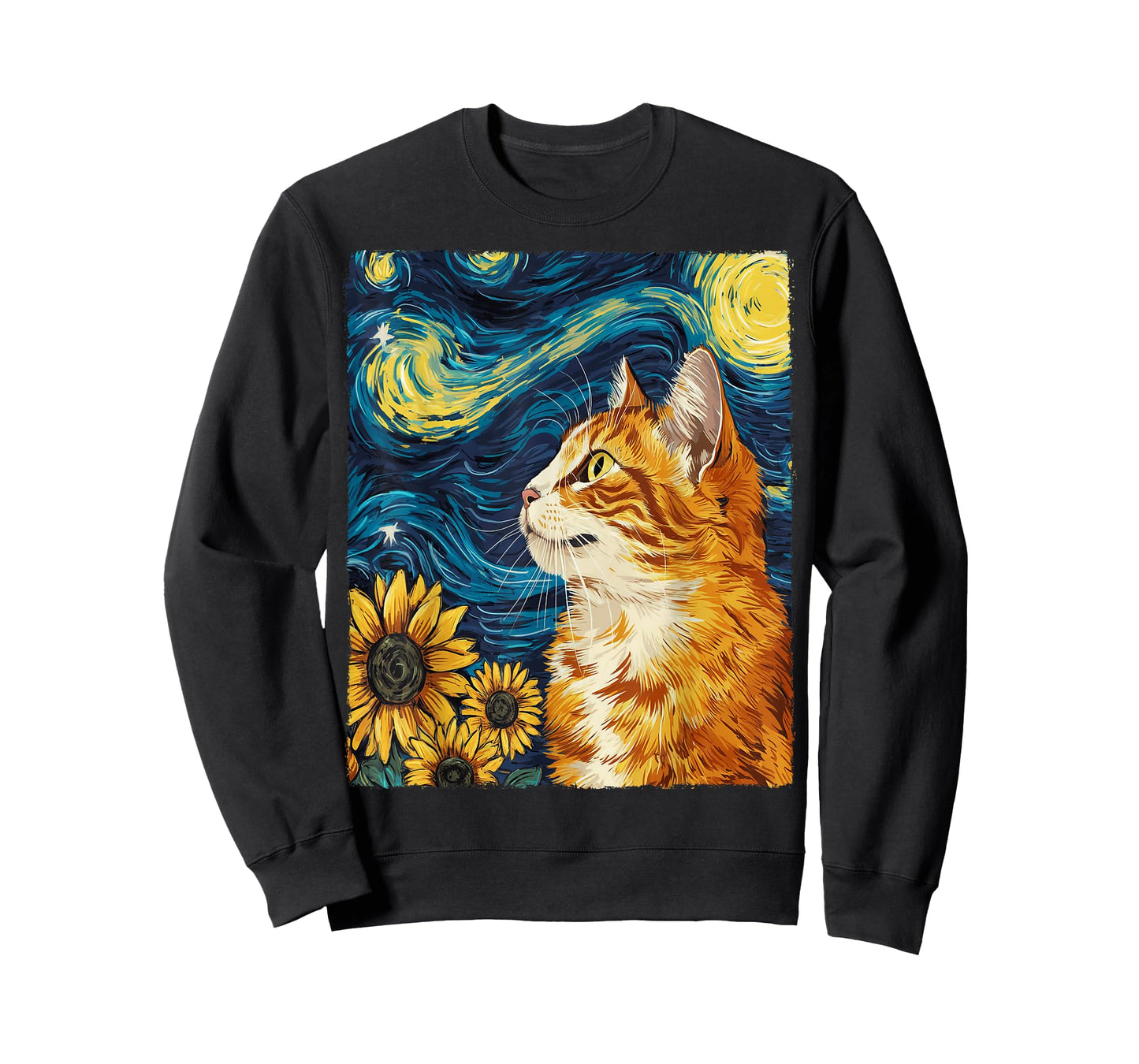 Cat Starry Night Apparel Gifts Graphic Tees Cat Mom Cat Dad Unisex-Adults Unisex-Kids Black Small Round Collar Sunflower Graphic Modern T-Shirt