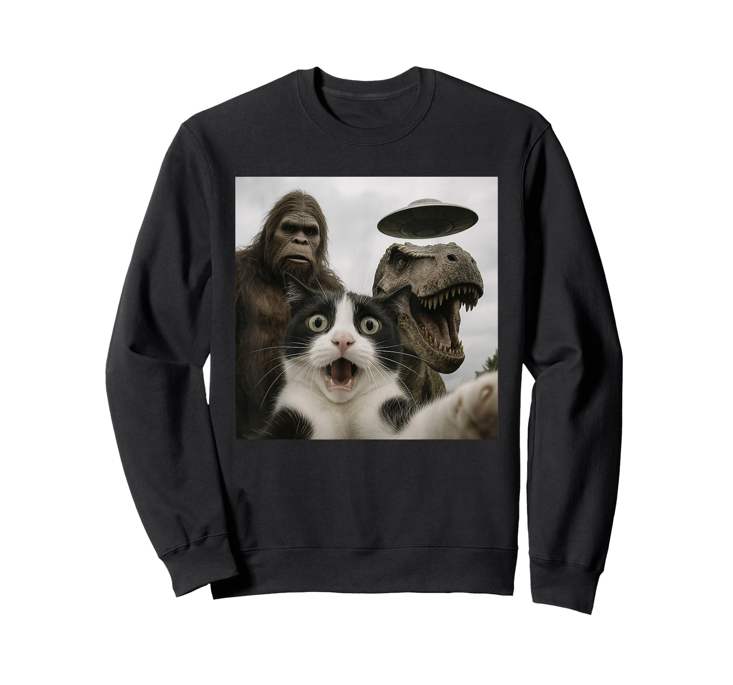Funny Cat Selfie with Bigfoot Dinosaur UFO for Men Women T-Shirt