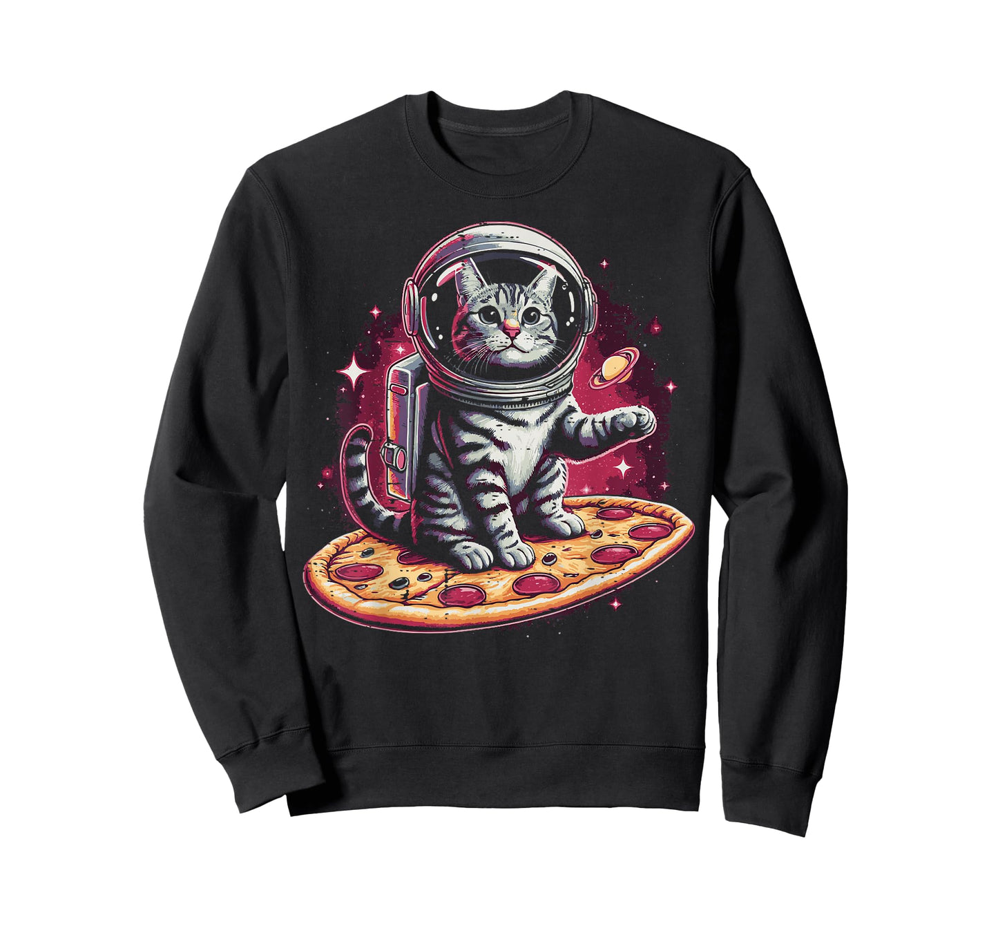 Astronaut Cat On Pizza Funny Kitten Food Pun Men Women Kids T-Shirt