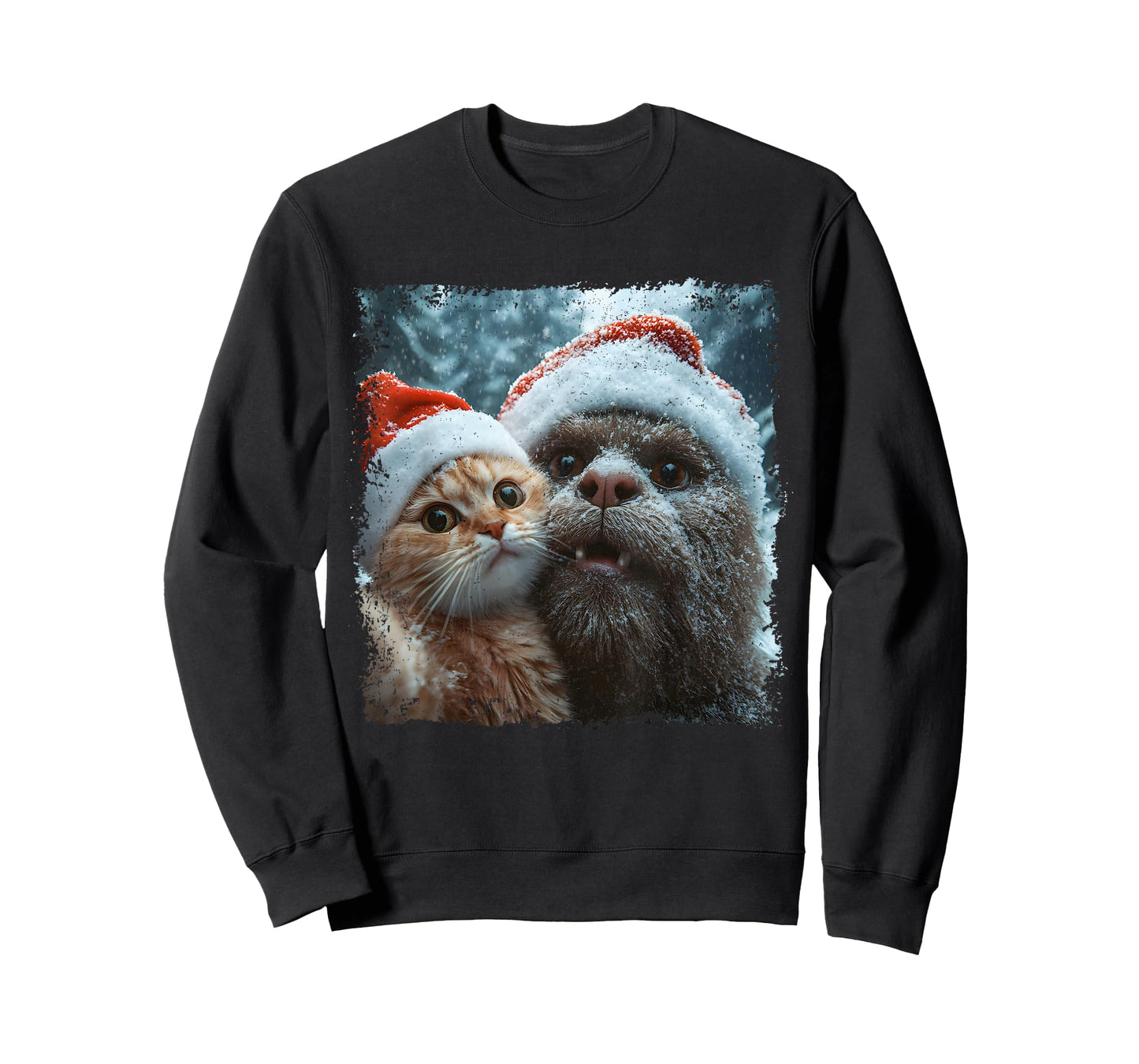 Funny Bigfoot and Cat Christmas Selfie Design T-Shirt
