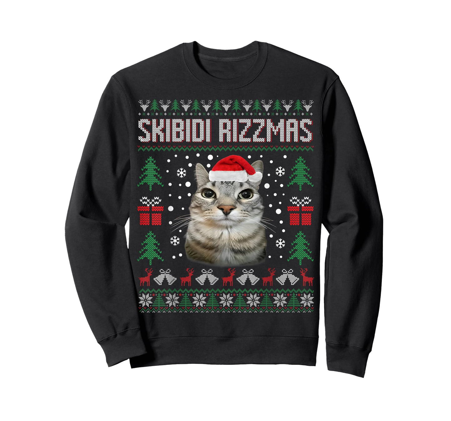 Skibidi Rizzmas Funny Silly Staring Cat Ugly Sweater Xmas T-Shirt