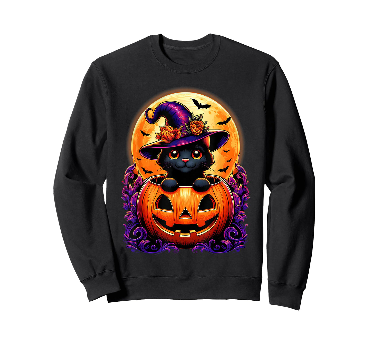 Black Cat Witch Hat Pumpkin Funny Halloween Men Women Kids T-Shirt