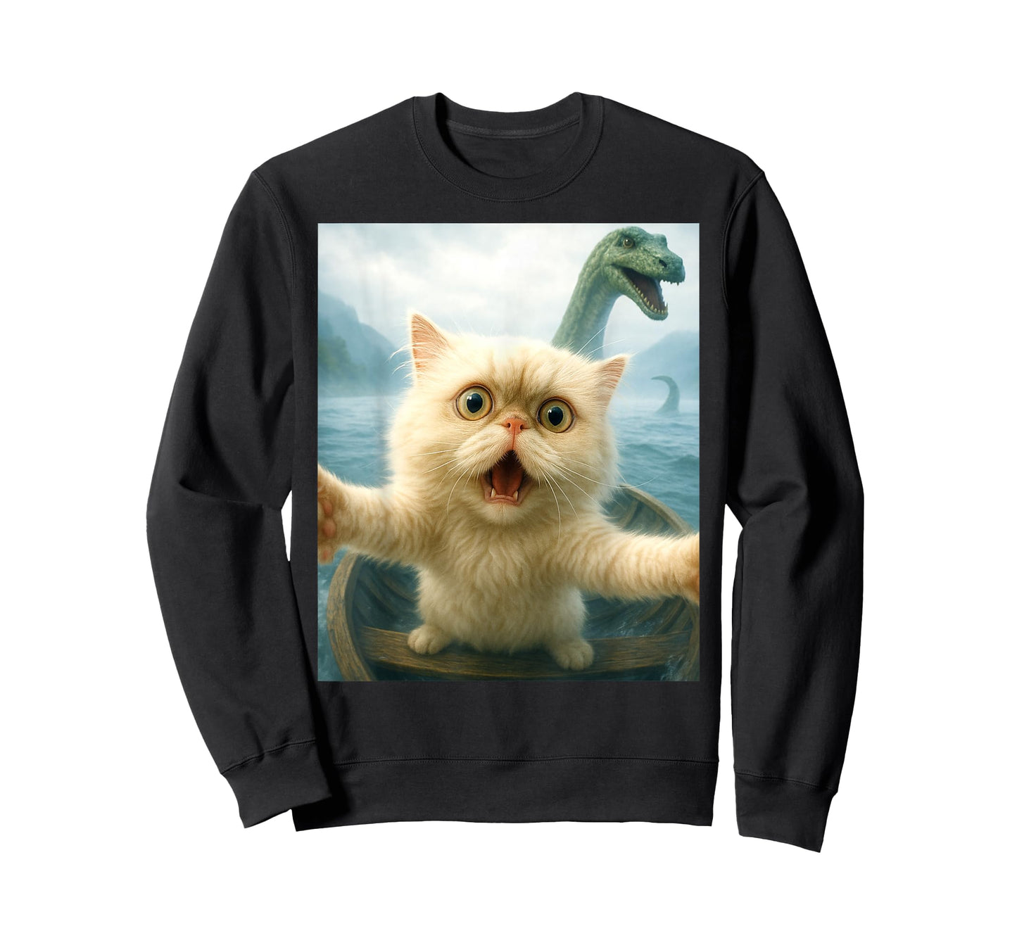 Persian Cat Selfie Cat Chased By Loch Ness Monster Nessie T-Shirt