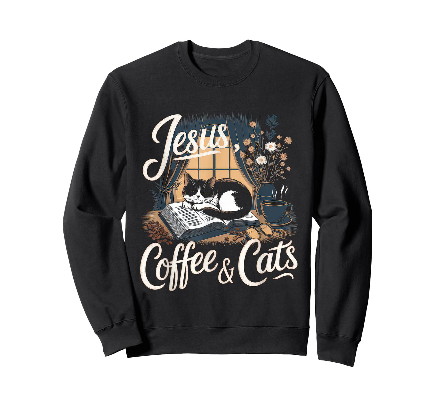 Jesus Coffee Cats Funny Cute Design Jesus Lovers Christian T-Shirt