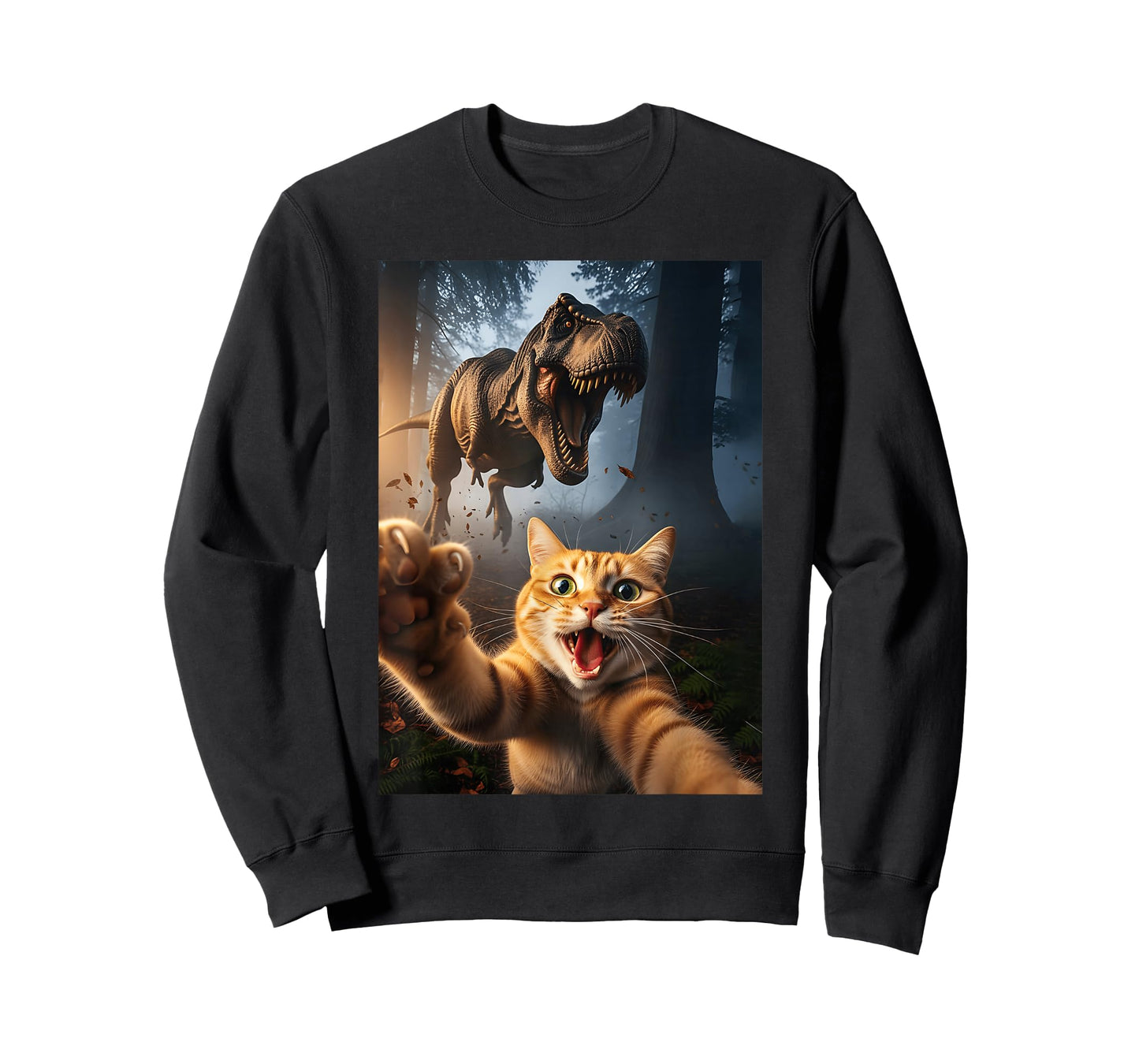 Orange Cat Selfie with T-Rex Dinosaur Funny Men Women Kids T-Shirt