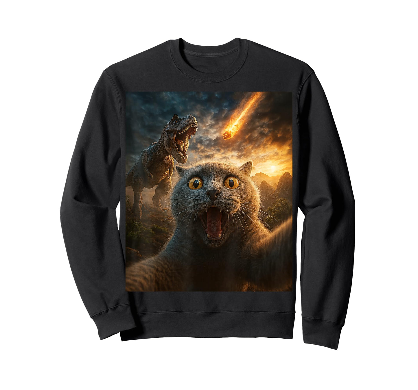 Funny Cat Selfie with Dinosaur and Meteor Apocalypse Gifts T-Shirt