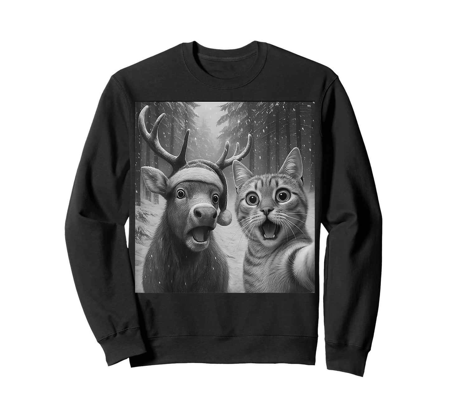 Cat Selfie with Reindeer Holiday Funny Christmas Xmas Tee T-Shirt