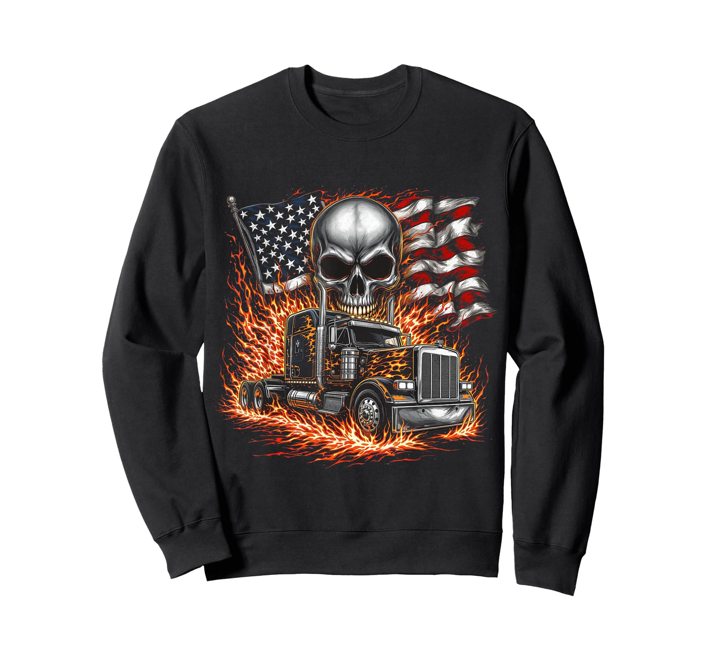 Trucker Patriotic American Flag Semi Truck Driver Skull T-Shirt