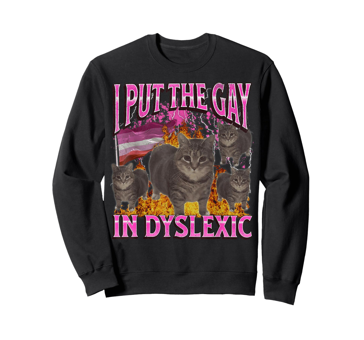 I Put The Gay in Dyslexic Funny Cat Meme Lesbian Bootleg Men Women T-Shirt
