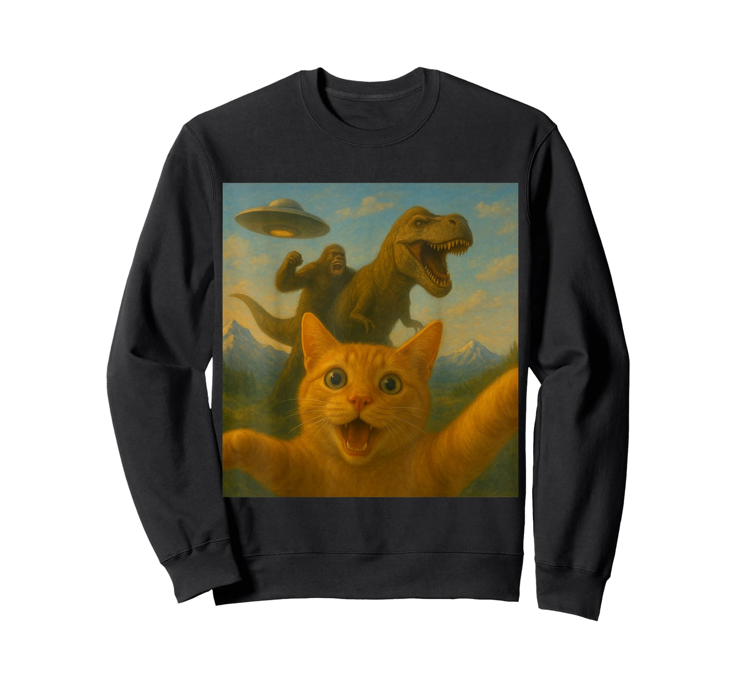 Funny Surprised Scared Cat Selfie T-Rex Dinosaur Bigfoot UFO T-Shirt