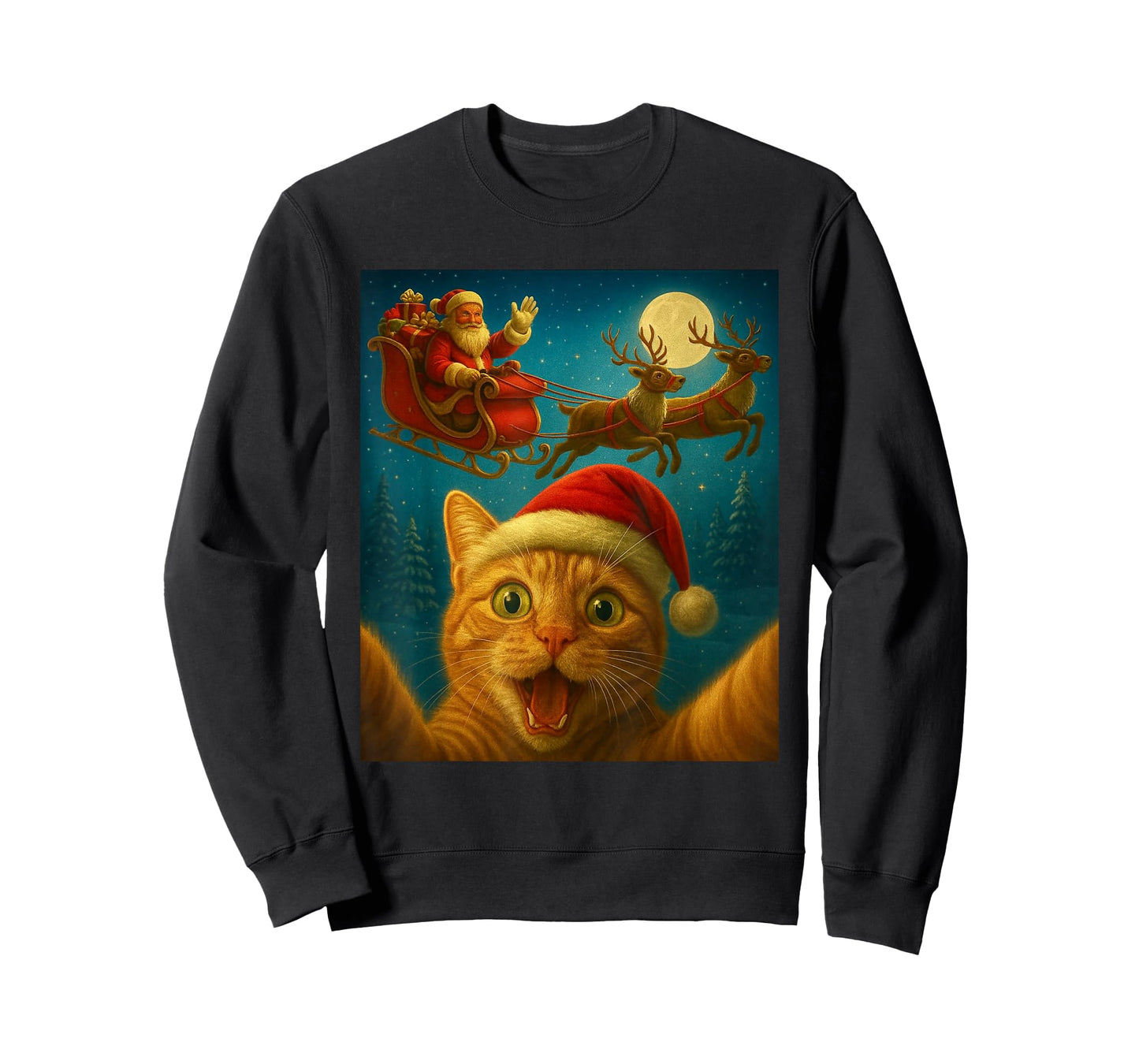 Christmas Cat Selfie with Santa Claus Funny Cat Graphic Xmas T-Shirt