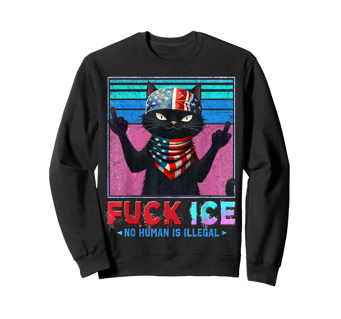 FCK ICE Distressed Funny Black Cat Humorous T-Shirt