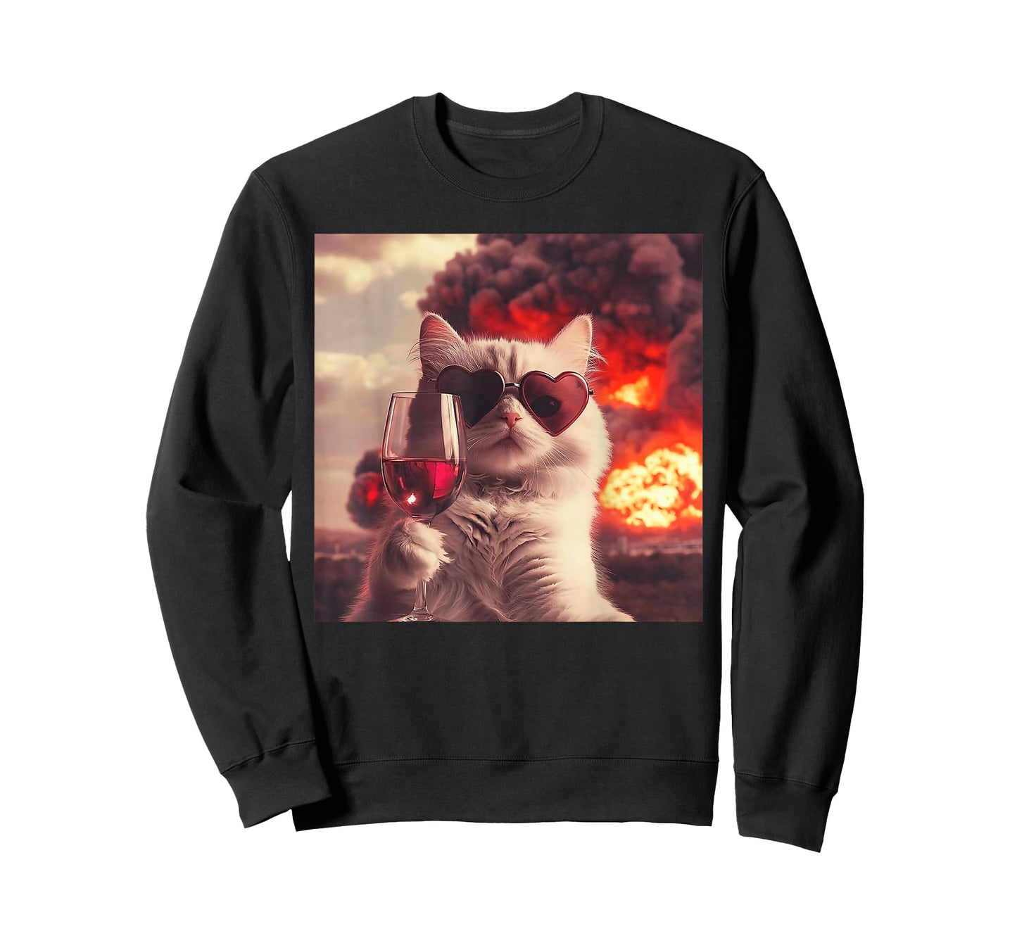 Wacky Cat Holding Wine Selfi with Fire Funny Sunglasses T-Shirt