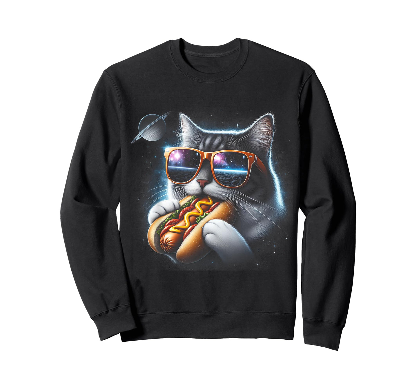 Funny Cat Eating Hotdog in Space Kitty Space Galaxy T-Shirt