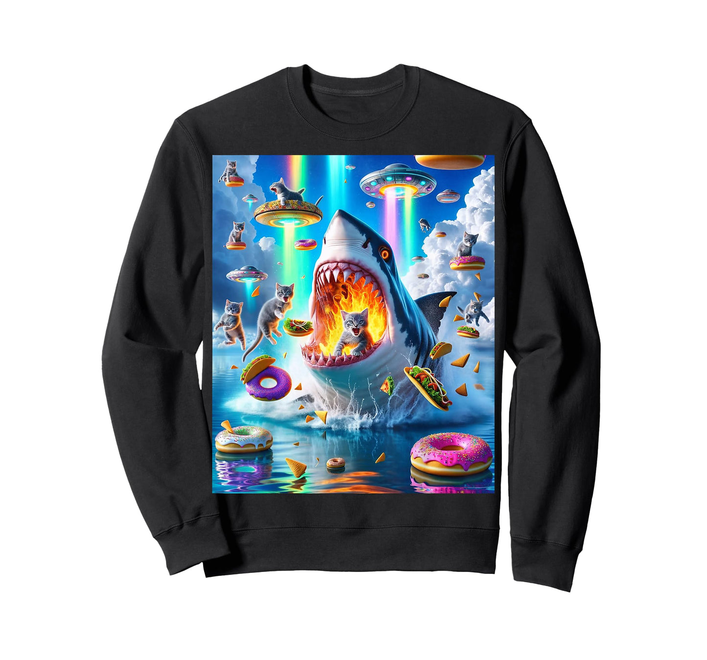 Cat Kitty Riding Fire Breathing Shark Rainbow Laser Taco T-Shirt