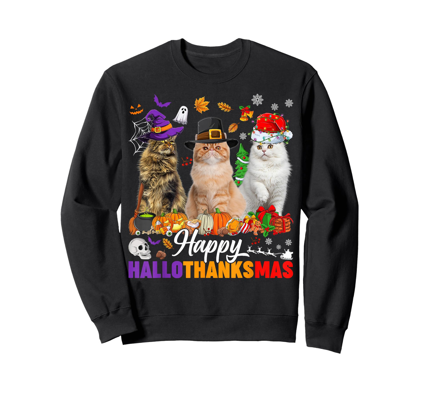 Happy Hallothanksmas Cats Halloween Thanksgiving Christmas T-Shirt