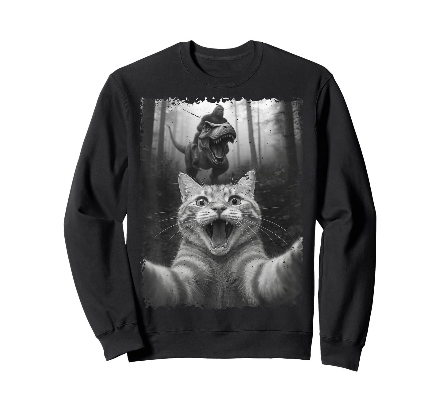 Funny Cat Selfie with T-Rex Dinosaur Bigfoot Black and White T-Shirt