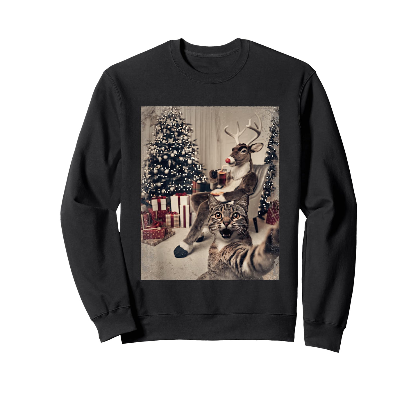 Funny Xmas Cat Selfie Reindeer Ugly Sweater Christmas Outfit T-Shirt