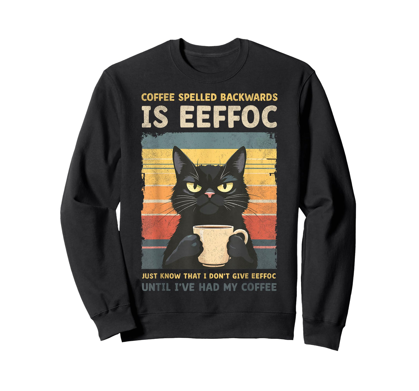 Black Cat Drinking Coffee Spelled Backwards is Effoc Joke T-Shirt