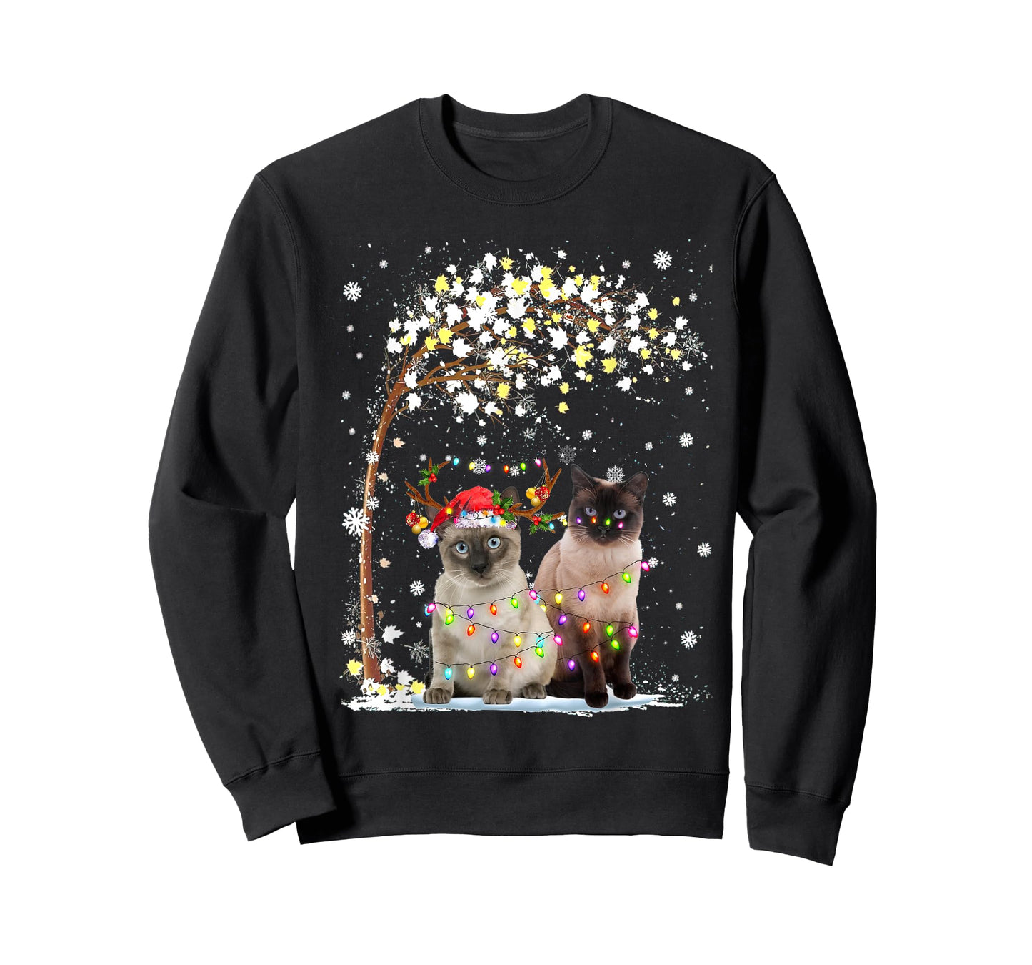 Siamese Cat Reindeer Hat Santa Christmas Tree Funny Xmas Men Women T-Shirt