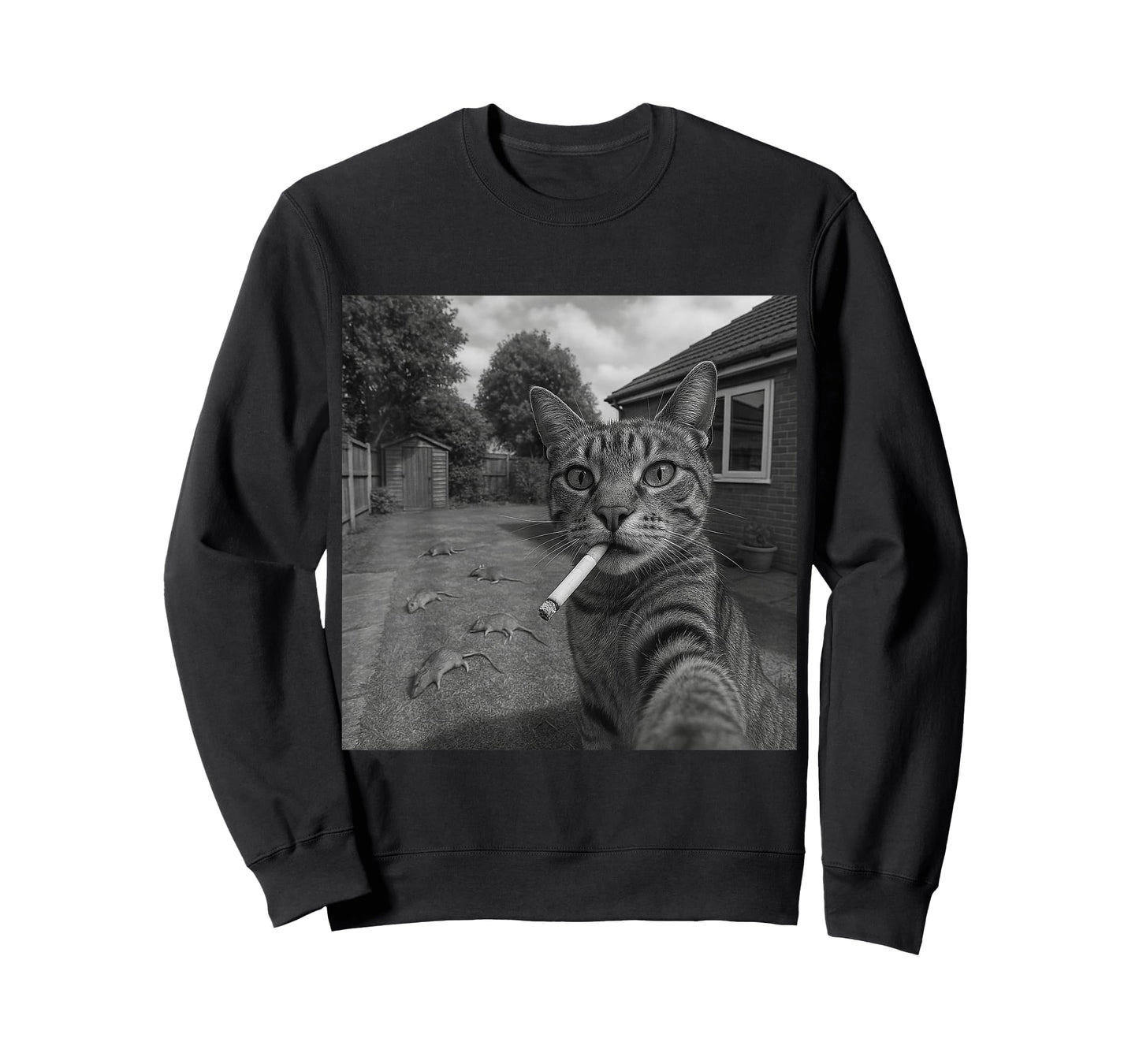 Funny Selfie Cat with Cigarette and Defeated Rats T-Shirt
