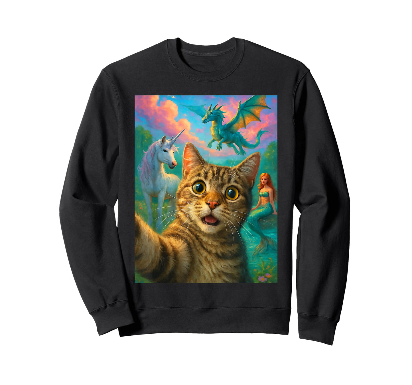 Cat Selfie with Mermaid Unicorn & Dragon Funny Meme T-Shirt