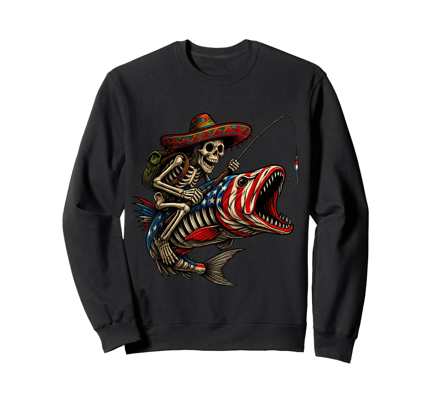 Fishing Mexican Sombrero Bass Fish Skull Skeleton Fisherman T-Shirt