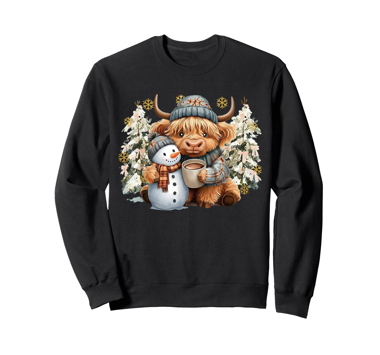 Cute Highland Cow with Snowman Hot Cocoa Christmas Trees T-Shirt