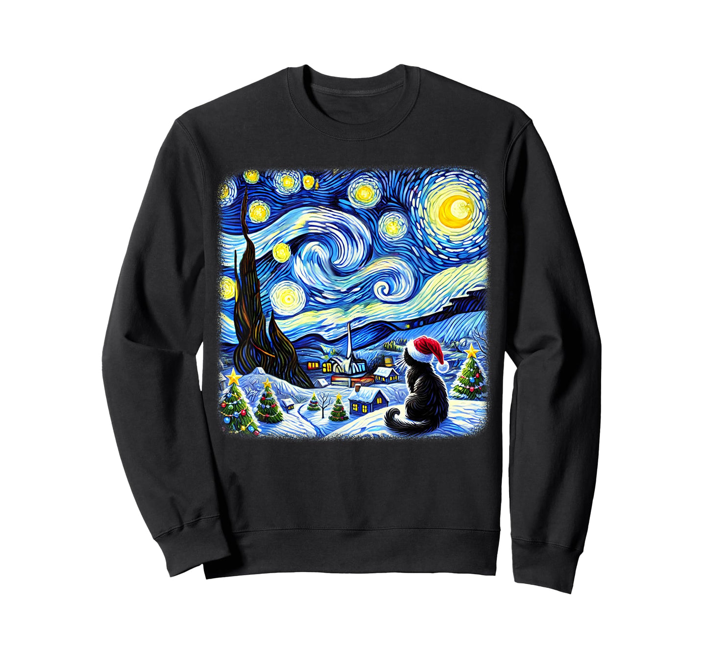 Christmas Van Gogh Starry Night Black Cat Santa Hat Xmas T-Shirt
