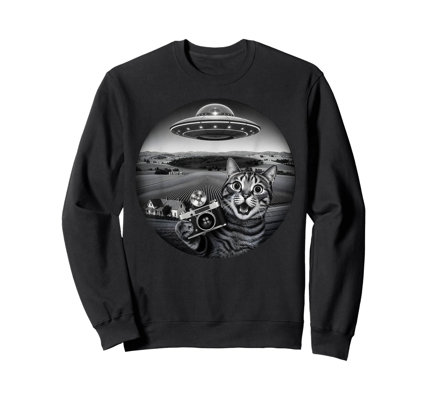Funny Cat Selfie with Alien UFO for Men Women Kids T-Shirt