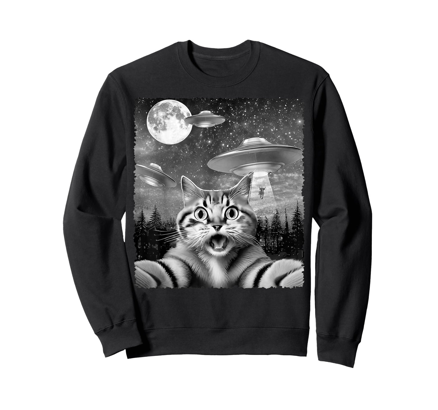 Funny Alien Cat Selfie with UFOs Gift Idea Men Women Kids T-Shirt
