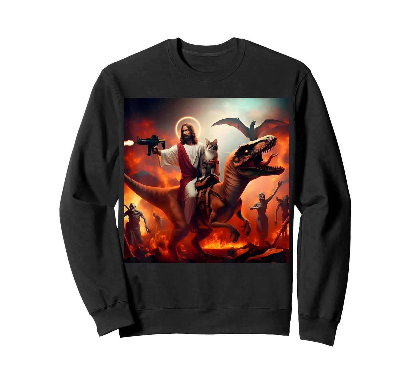funny jesus art print cat dinosaur T-Shirt