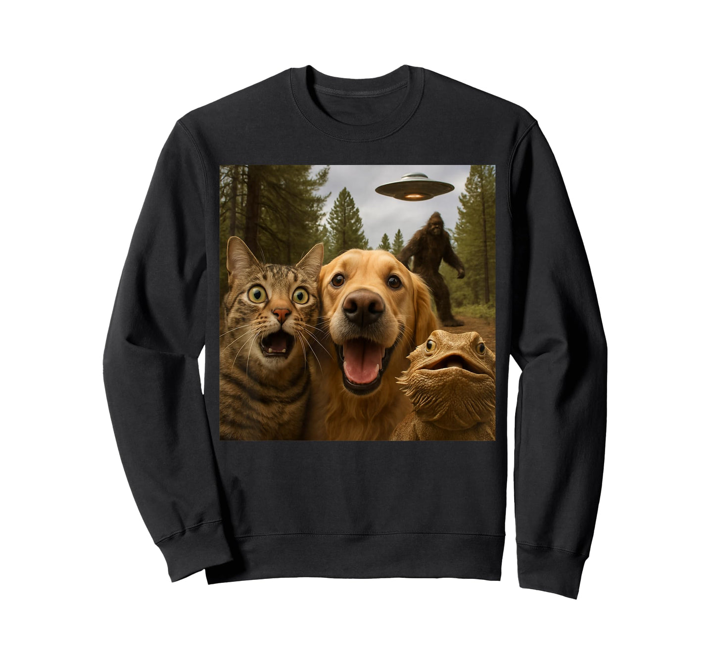 Funny Cat Selfie with Bearded Dragon UFO & Bigfoot T-Shirt
