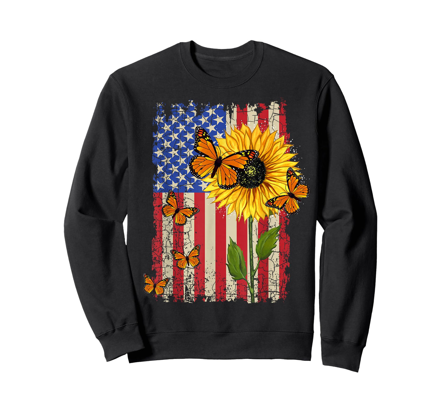 Sunflower Monarch Butterflies Patriotic American Flag Womens T-Shirt
