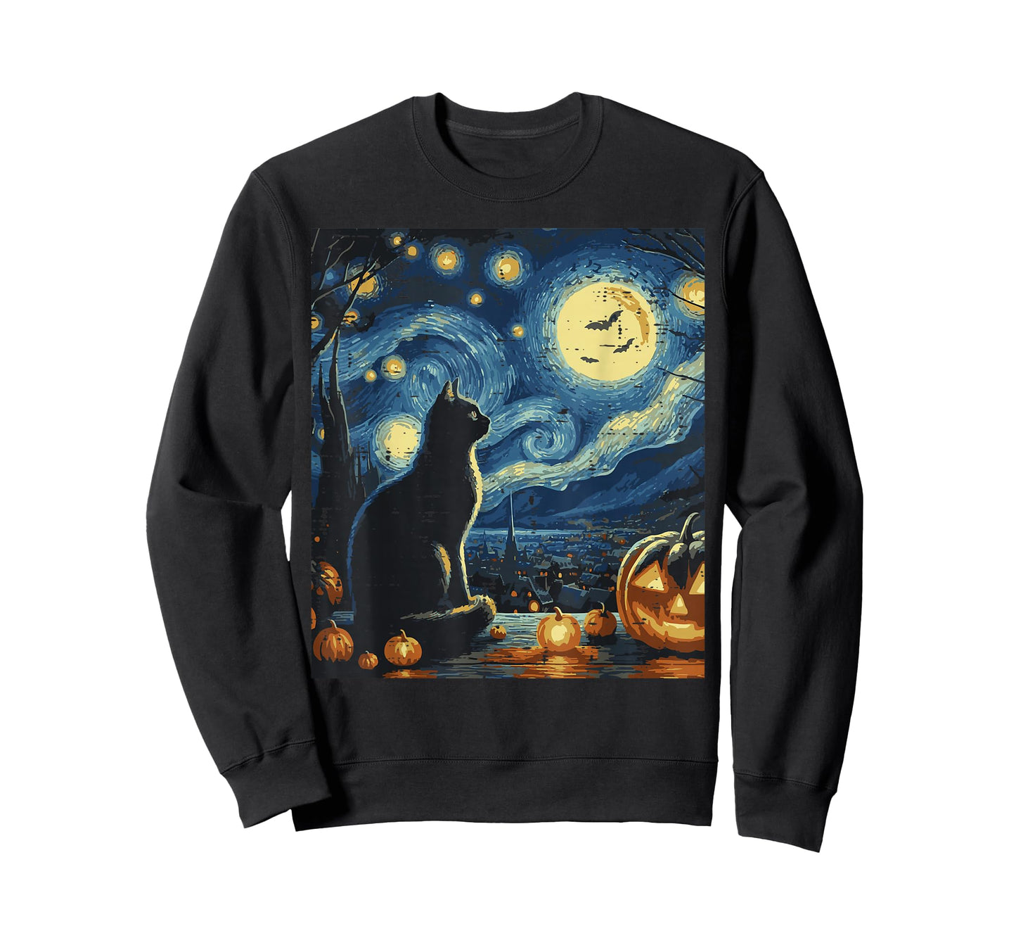Halloween Cat Starry Night Funny Costume Art Women Men Kids T-Shirt