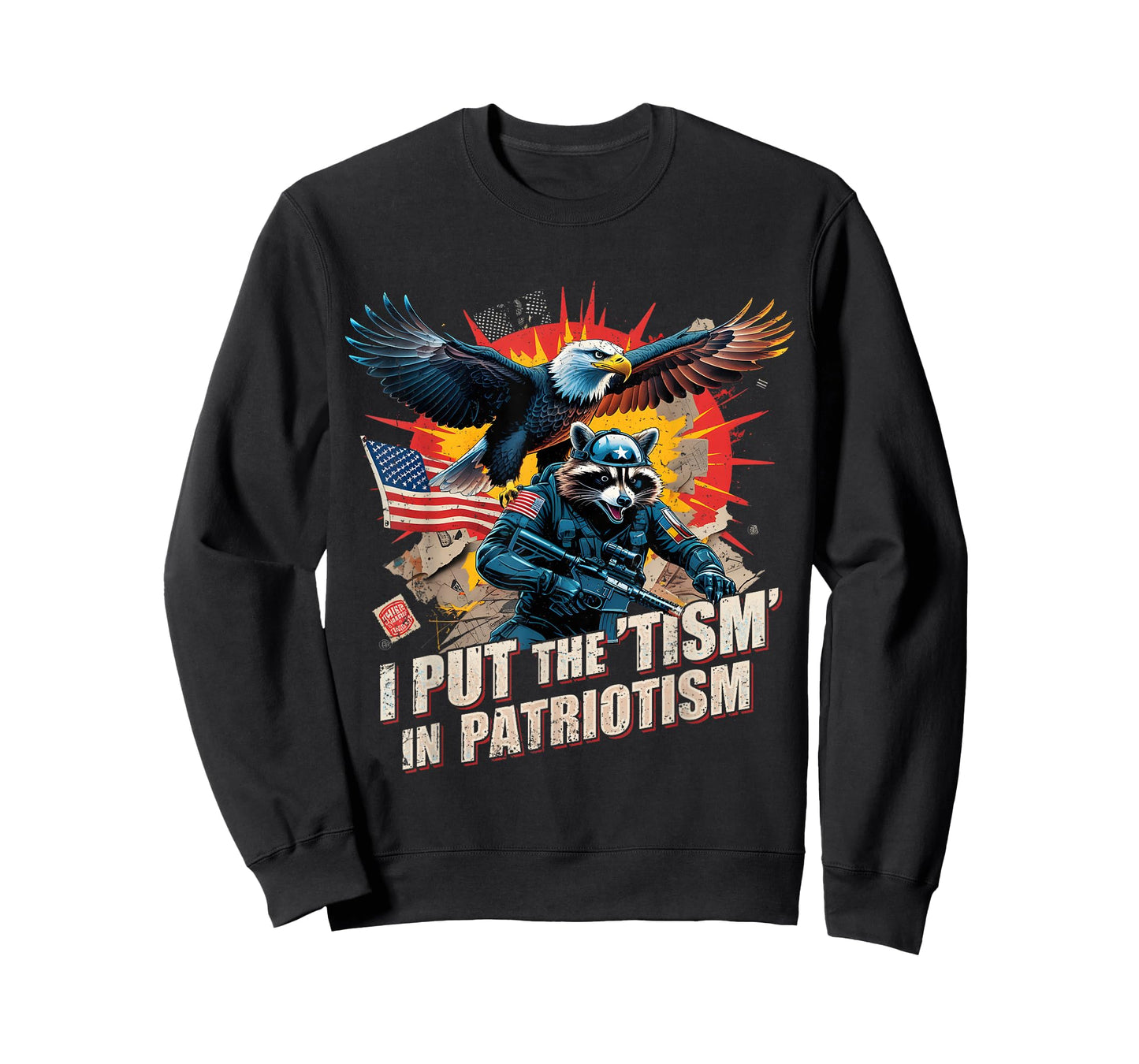 I Put The Tism in Patriotism Funny USA Patriotic Raccoon T-Shirt