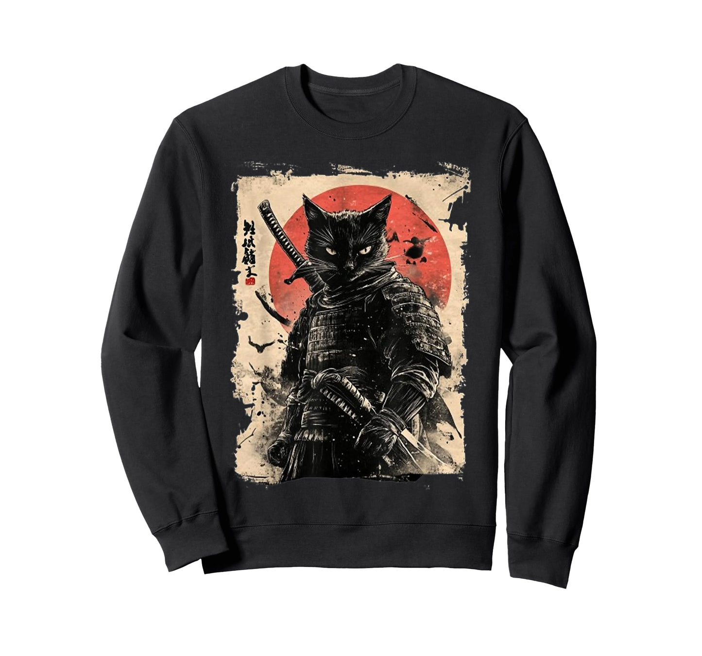 Vintage Japanese Art Anime Graphic Samurai cat Warrior T-Shirt