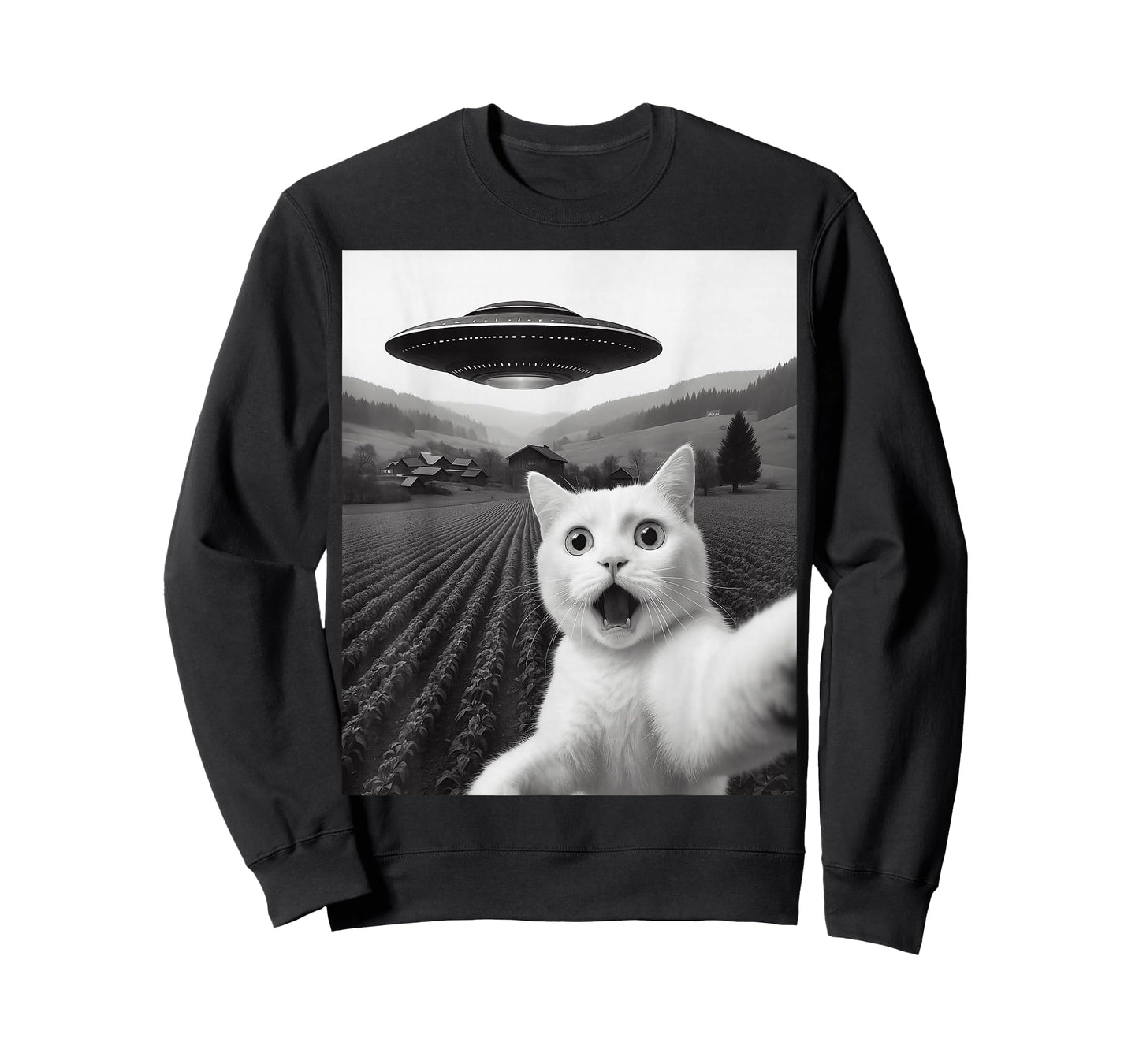 White Cat Selfie with Alien UFO Funny Kitty Abduction Tee T-Shirt