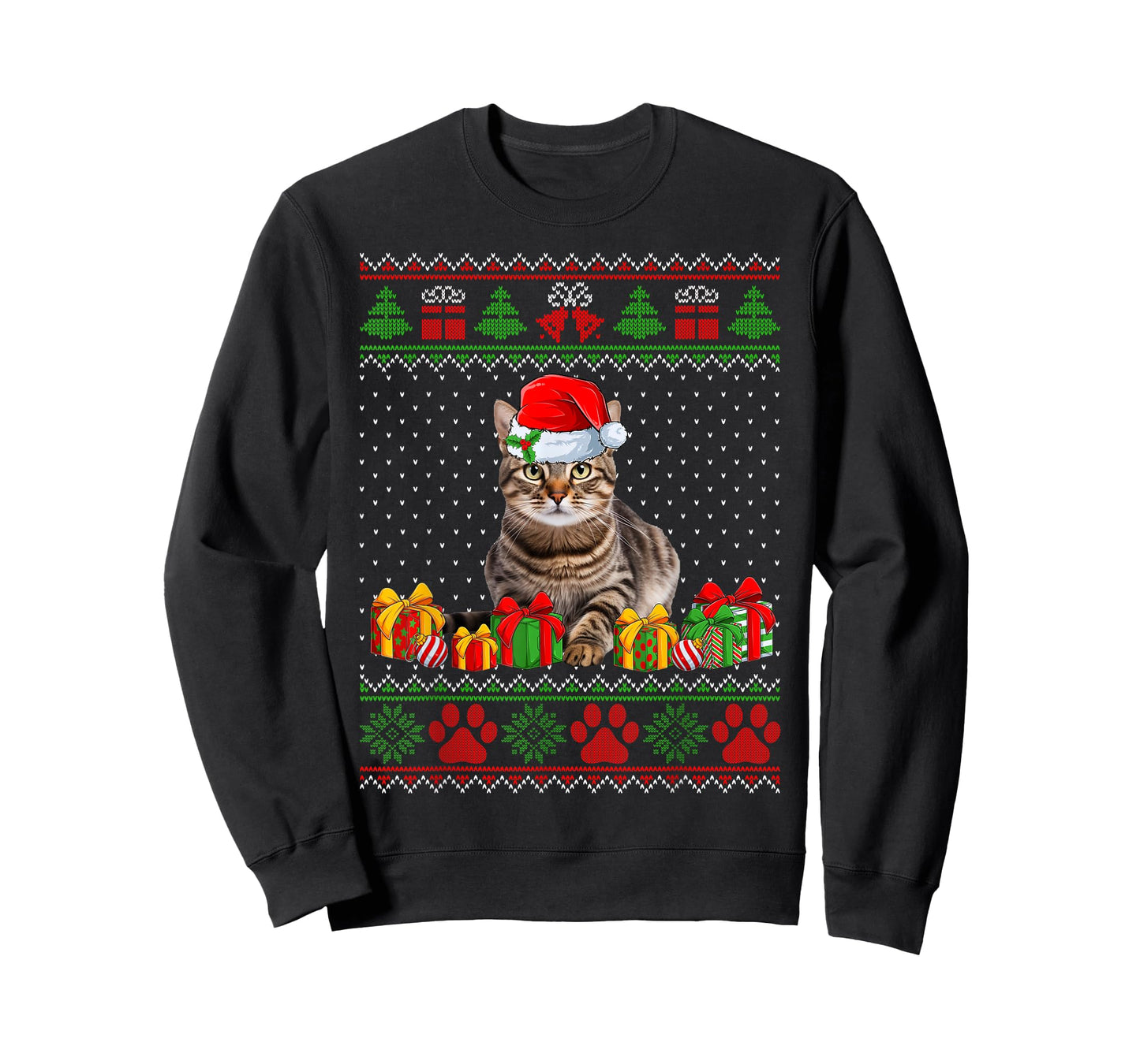 Funny Tabby Cat Santa Hat Ugly Christmas Sweater Xmas PJS T-Shirt for Men Women Kids