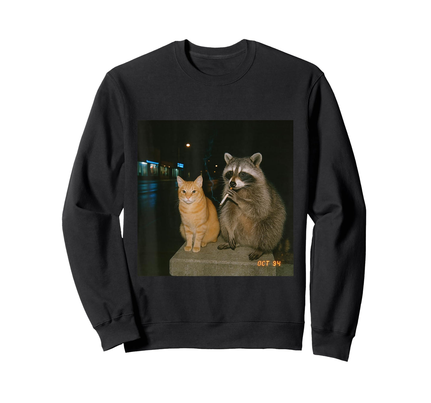 Vintage Raccoon Cat Smoking Aesthetic Night Photo 90s Vibe T-Shirt